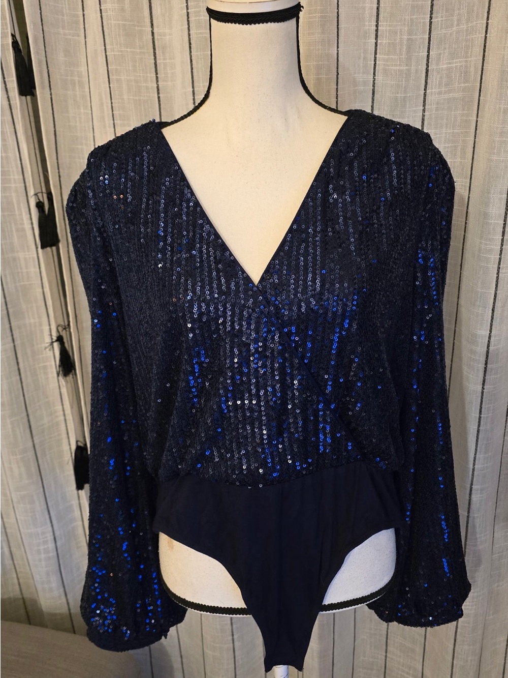 Sequin V-Neck Navy Bodysuit with Long Sleeves
